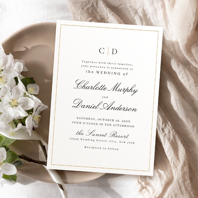 Invitation Élégance classique Script Mariage monogramme minim (Classic Elegance Script Minimal Monogram Wedding Invitation)