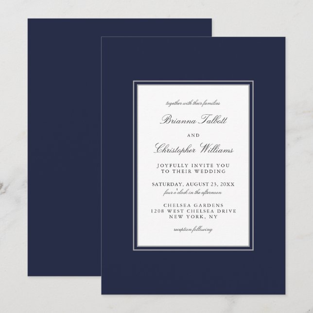 Invitation Élégance classique Simple Mariage bleu marine (Devant / Derrière)