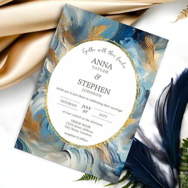 Invitation Élégance contemporaine : Mariage d'or bleu blanc (Contemporary elegance in colors of blue, white, and gold wedding invitation design front view.)