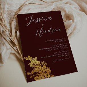Invitation Elégance de luxe : Mariage floral bordeaux & or