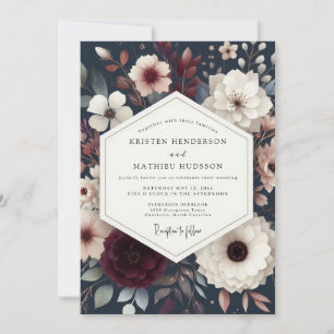 Invitation Élégance florale bleu marine pour mariage