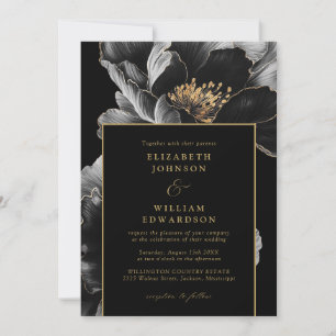 Invitation Élégance florale noir et or Chic Code QR de mariag