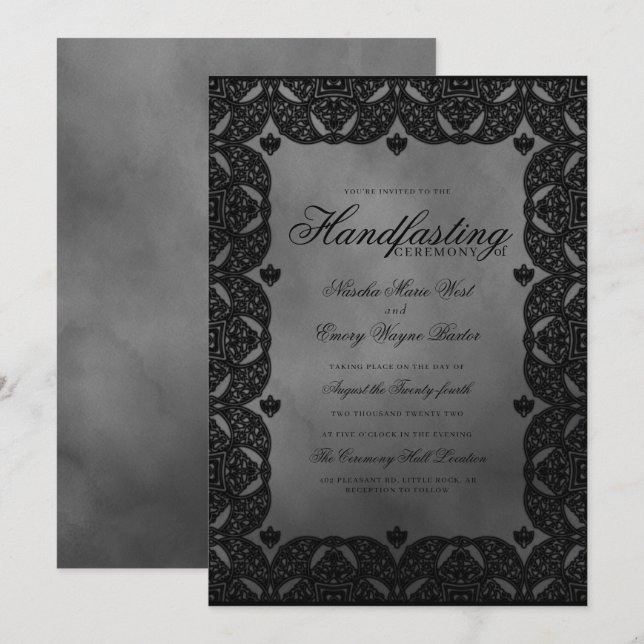 Invitation Élégance gothique Dentelle médiévale noire (Devant / Derrière)