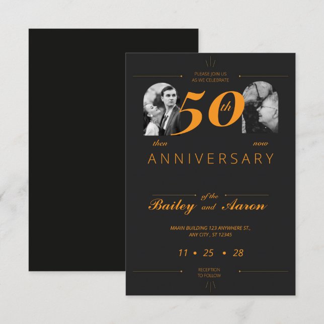 Invitation Élégance Intemporelle Mariage Anniversaire Noir &  (Devant / Derrière)