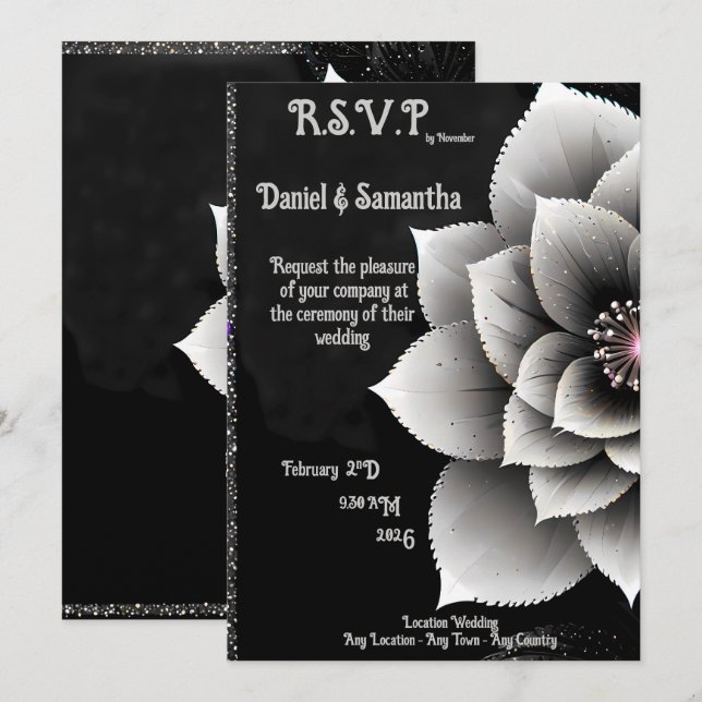 Invitation Élégance intemporelle : Mariage en fleurs noir et  (Devant / Derrière)