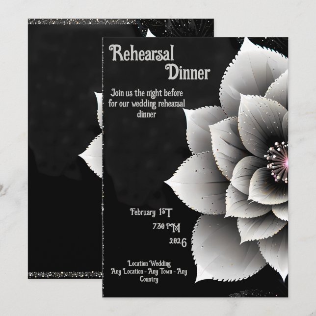 Invitation Élégance intemporelle : Mariage en fleurs noir et  (Devant / Derrière)