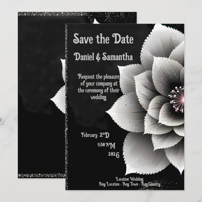 Invitation Élégance intemporelle : Mariage en fleurs noir et  (Devant / Derrière)