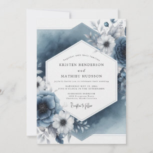 Invitation Élégance Mariage Botanique Bleu Ardoise