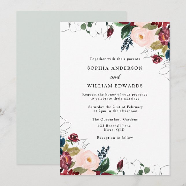 Invitation Élégance mariage : Mariage de la marine bordeaux (Devant / Derrière)