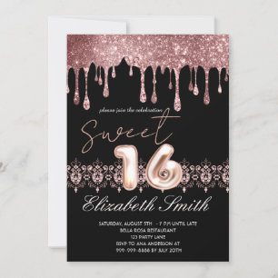 Invitation Élégance noire, Rose Sweet sixteen de gouttes d'or