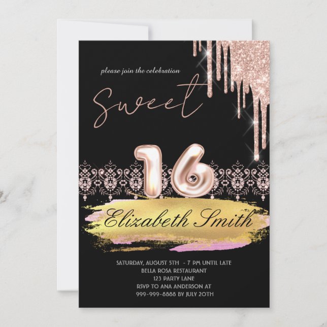 Invitation Elégance or noir, sweet sixteen or rose (Devant)