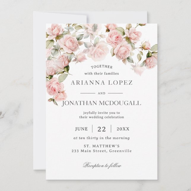 Invitation Elégance rustique Blush Roses Rose Mariage Floral (Devant)