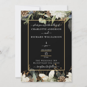 Invitation Elégance rustique, bordure en pin sur noir