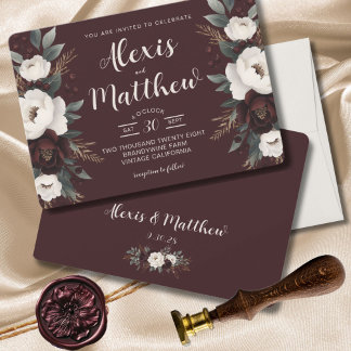 Invitation Elégance Rustique Bourgogne Floral Mariage