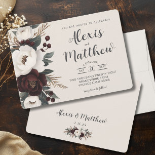 Invitation Elégance Rustique Bourgogne Floral Mariage