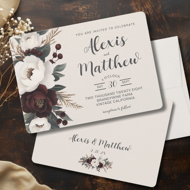 Invitation Elégance Rustique Bourgogne Floral Mariage (Rustic Elegance Wedding Invitation, Country Fall, Shabby Chic Burgundy and Mocha)