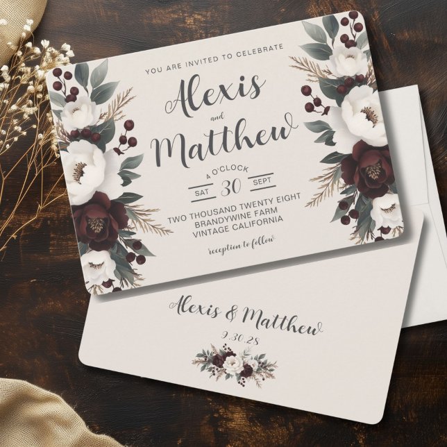 Invitation Elégance Rustique Creme & Mariage Floral Bourgogne (Boho Chic Floral Winter Wedding Invitation)