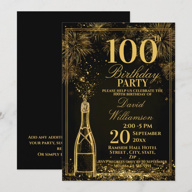 Invitation Elegant 100th Birthday Gold Bottle Fizz (Devant / Derrière)