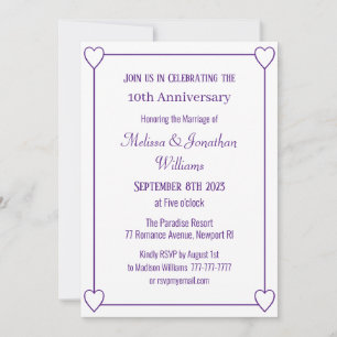 Invitation Élégant 10e anniversaire Coeurs romantiques pourpr