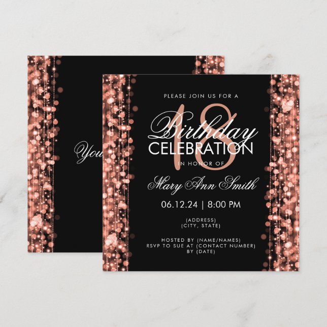 Invitation Élégant 18e anniversaire fête étincelle Rose or (Devant / Derrière)
