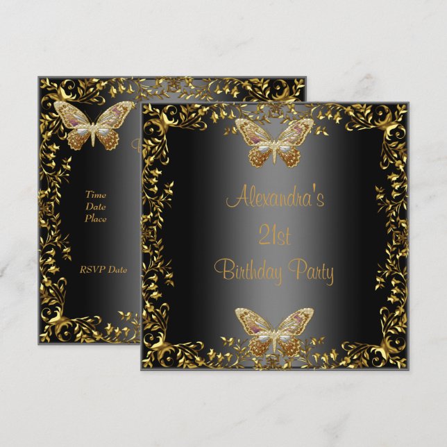 Invitation Elégant 21e anniversaire Black Gold Butterfly (Devant / Derrière)
