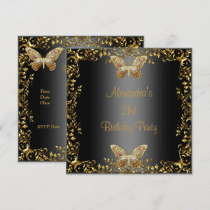 Invitation Elégant 21e anniversaire Black Gold Butterfly