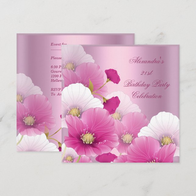 Invitation Élégant 21e anniversaire de fête Pink White Poppie (Devant / Derrière)