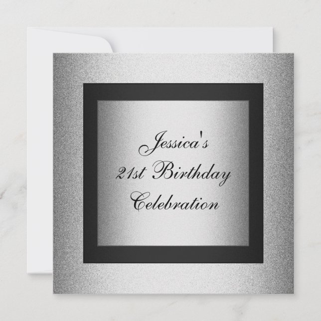 Invitation Élégant 21e anniversaire Noir & argent Metallic (Devant)