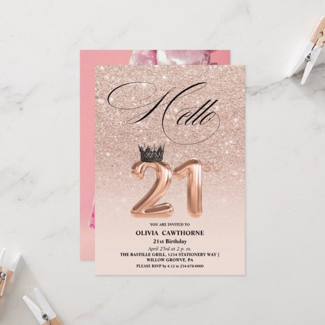 Invitation Elégant 21e anniversaire rose photo blush or (Devant/Arrière en situation)