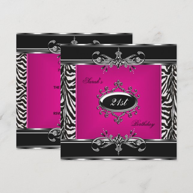 Invitation Elégant 21e anniversaire rose Zebra Black Silver (Devant / Derrière)
