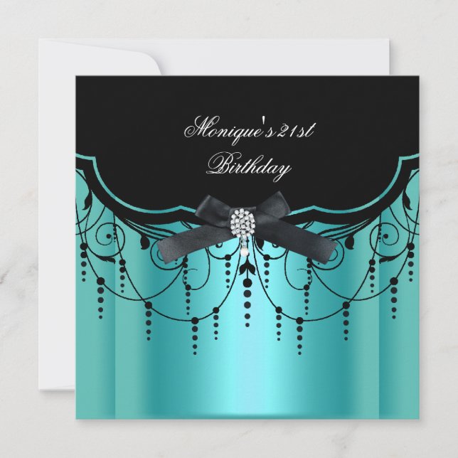 Invitation Élégant 21e anniversaire Turquoise Blue Black Diam (Devant)