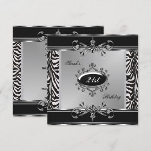 Invitation Élégant 21e Anniversaire Zèbre Noir Blanc Argent