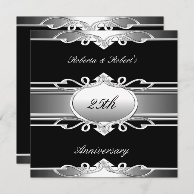 Invitation Élégant 25e anniversaire Black Silver (Devant / Derrière)