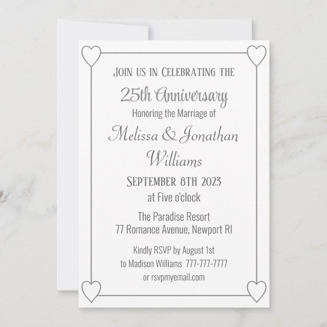 Invitation Élégant 25e anniversaire Coeurs romantiques Argent (Devant)