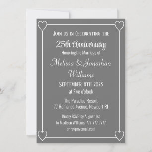 Invitation Élégant 25e anniversaire Coeurs romantiques Argent