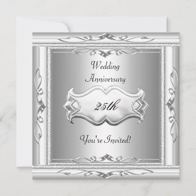 Invitation Élégant 25e Anniversaire de Mariage Blanc Argent (Devant)
