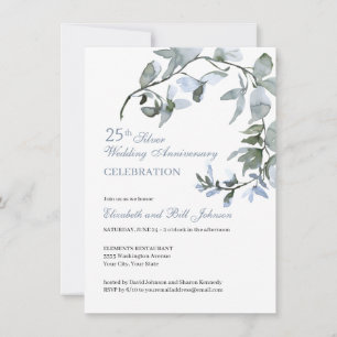 Invitation Élégant 25e anniversaire de Mariage Floral Bleu