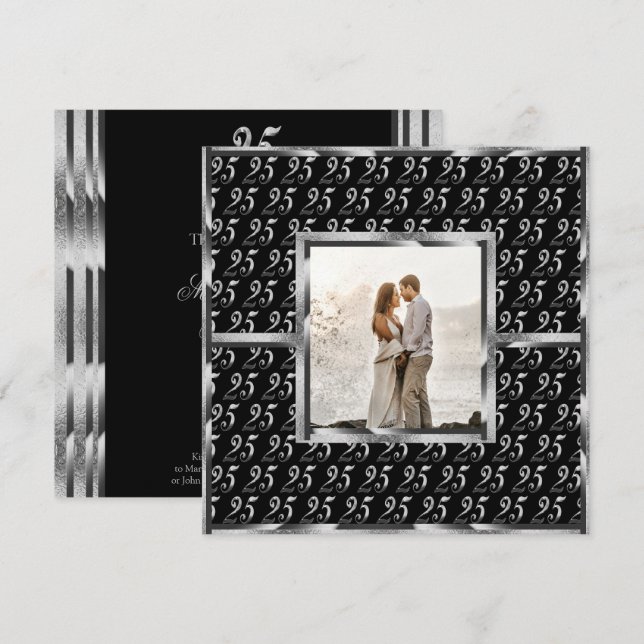 Invitation Élégant 25e Anniversaire de Mariage Noir et Argent (Devant / Derrière)