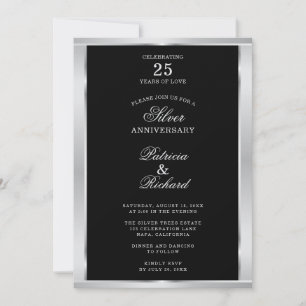 Invitation Élégant 25e anniversaire de mariage noir et argent