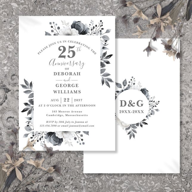 Invitation Élégant 25e anniversaire Mariage de la florale d'a (Elegant Silver Floral 25th Wedding Anniversary Invitation)