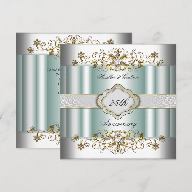 Invitation Elégant 25e anniversaire Monnaie bleue Turquoise d (Devant / Derrière)