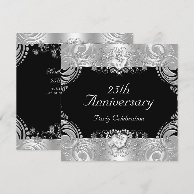 Invitation Élégant 25e Anniversaire Noir Argent Blanc 2 (Devant / Derrière)