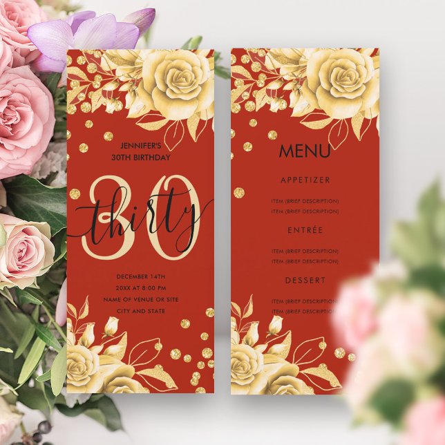 Invitation Elégant 30 Anniversaire Menu Gold Red Floral Parti (Elegant 30 Birthday Menu Gold Red Floral Glitter Invitation)