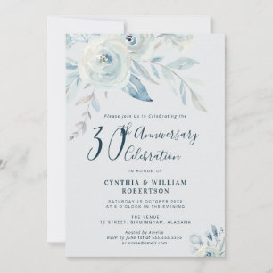 Invitation Elégant 30e anniversaire de mariage à fleurs bleue