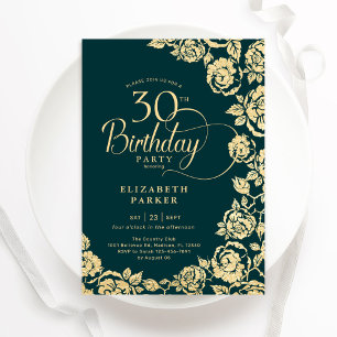 Invitation Élégant 30e anniversaire Emerald Green Roses or
