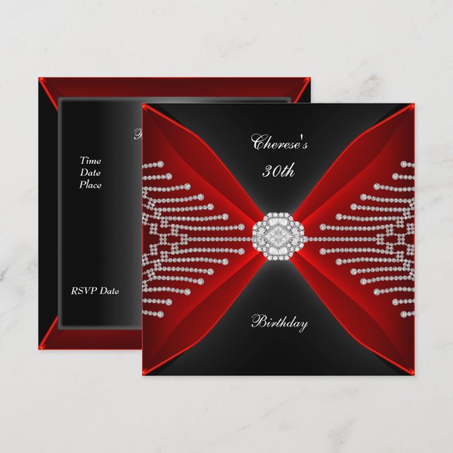 Invitation Elégant 30e anniversaire noir Rich Diamant rouge (Devant / Derrière)