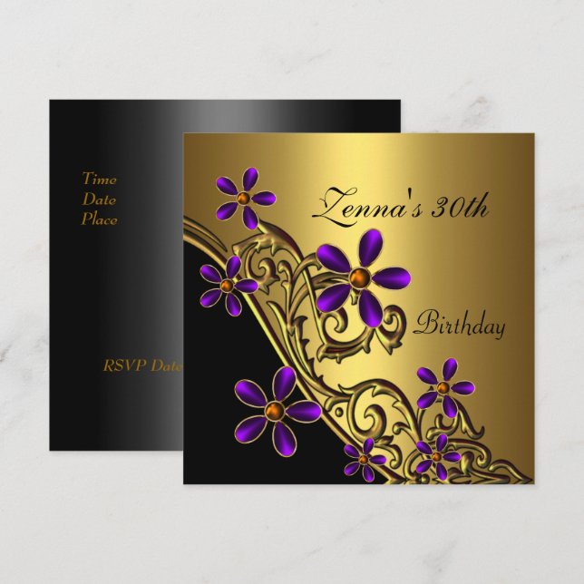 Invitation Elégant 30e Anniversaire Noir Violet Or Floral (Devant / Derrière)