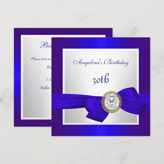 Invitation Elégant 30e anniversaire Royal Blue White Diamond (Devant / Derrière)