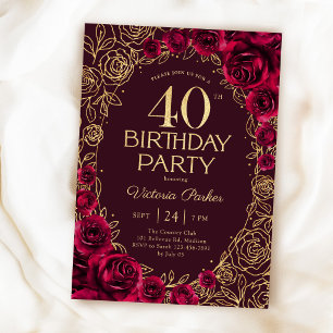 Invitation Élégant 40e Anniversaire Bordeaux Or Floral