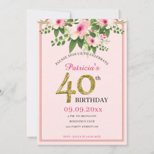 Invitation Élégant 40e anniversaire de la florale rose et or
